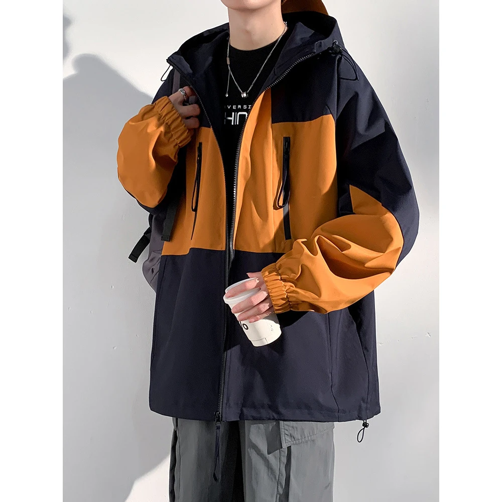 

2023 Autumn Jacket Windbreaker Men Hip Hop Color Block Patchwork Windproof Coats Hooded Jackets Men Clothing
