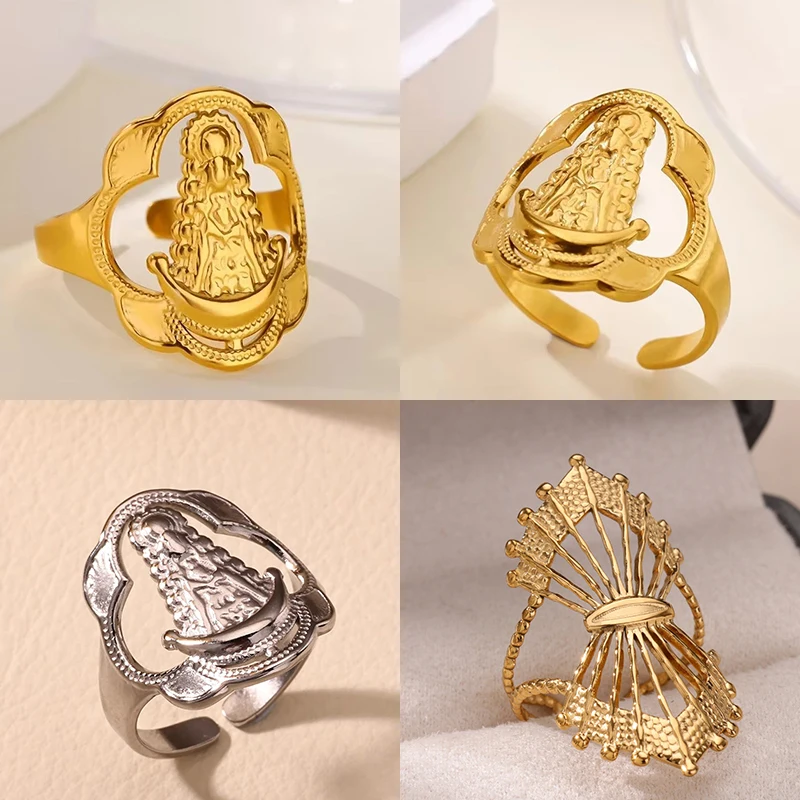 Offener Ring im Vintage-Stil, Jungfrau Maria, für Frauen, Edelstahl, goldfarben, religiöser Ring, Jesus, christlicher Schmuck, Party-Geschenk ﻿
