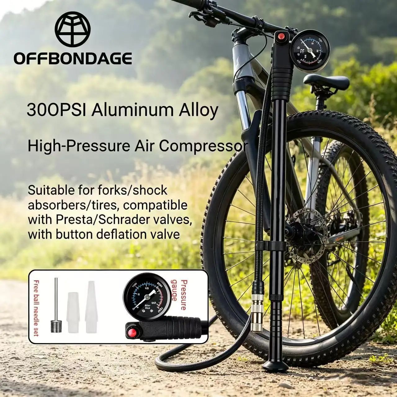 OFFBONDAGE Tragbare Fahrradpumpe 300PSI Fahrrad-Luftpumpe Tragbarer Reifenfüller MTB Rennradpumpe mit Manometer Schrader Presta Ventil