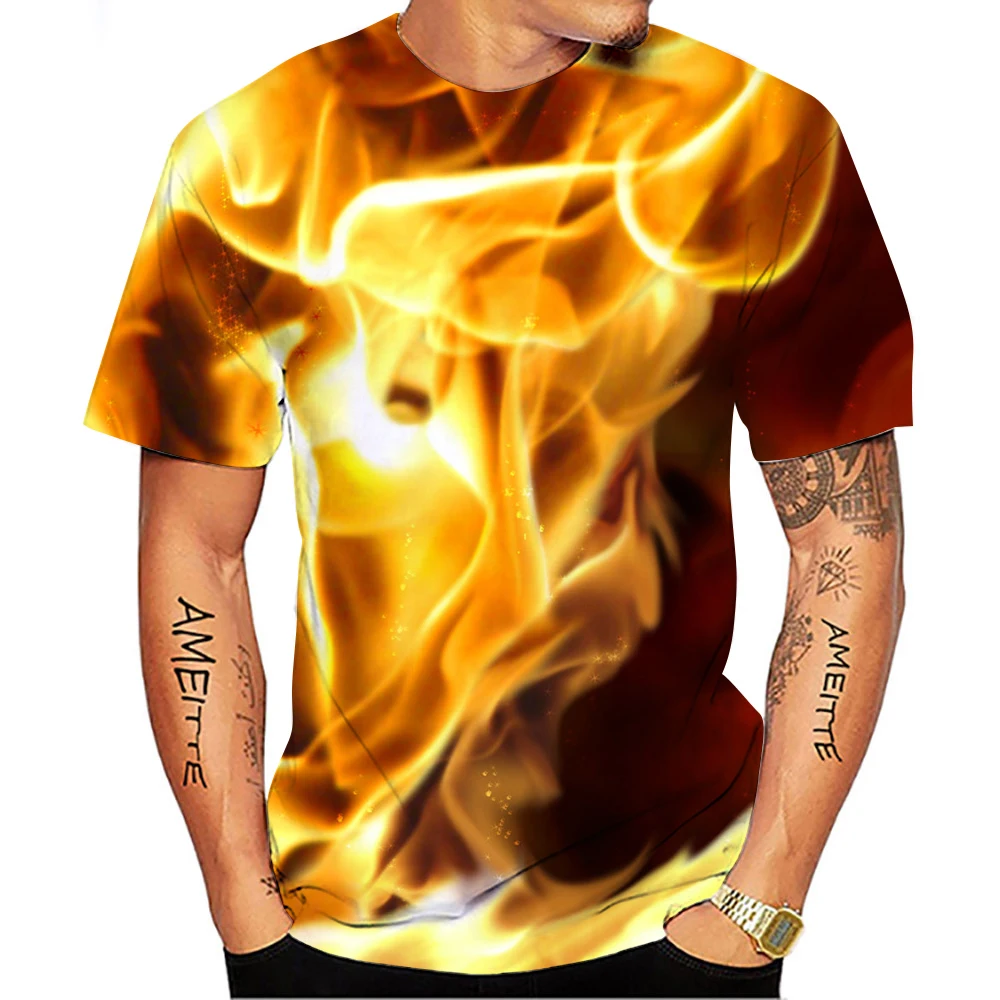 Summer Burning Flame Pattern Quick-Dry Men's T-shirt Hip Hop 3D Print Personality   Neck Short Sleeve  Fashion Clothes