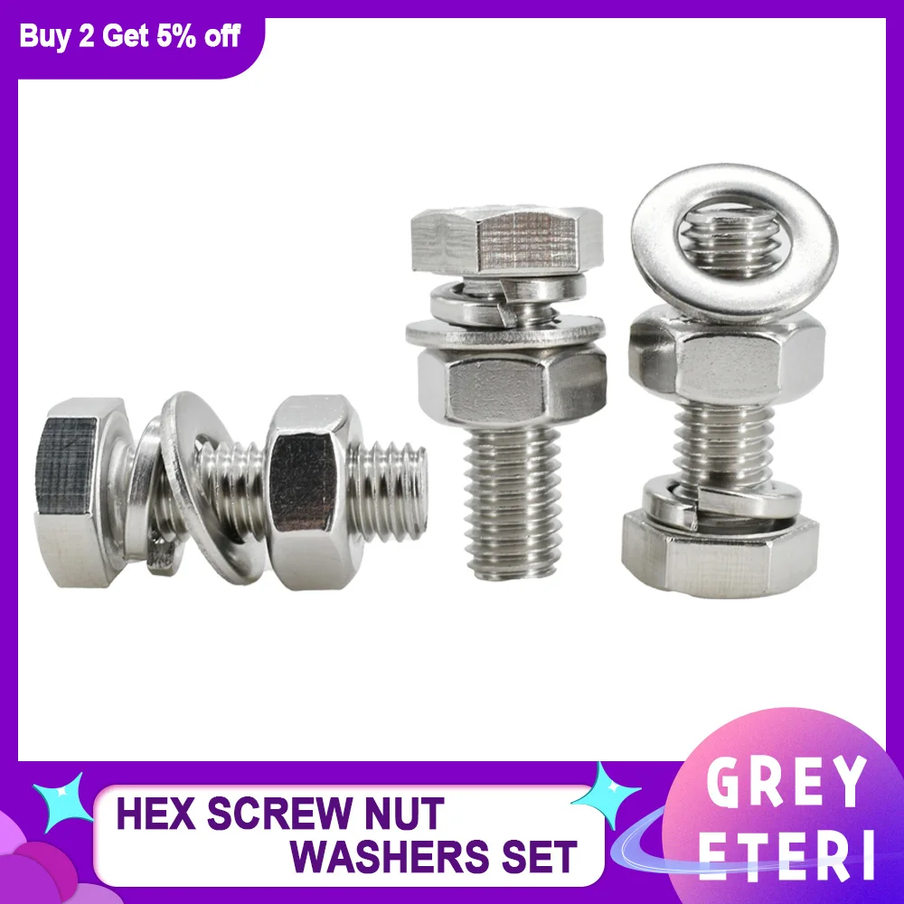 M3 M4 M5 M6 M8 M10 M12 M16 M20 304 Stainless Steel Hexagonal Screw Nut Washer Set External Hex Bolt Nuts Gasket Kit Metalworking