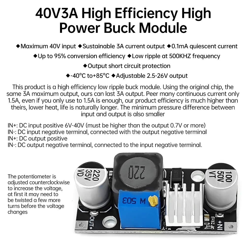 DC6-40V to 3.3V/5V/9V/12V/24V DC-DC Buck Converter Adjustable Step Down Power Supply Module Stabilized Power Supply Module 3A