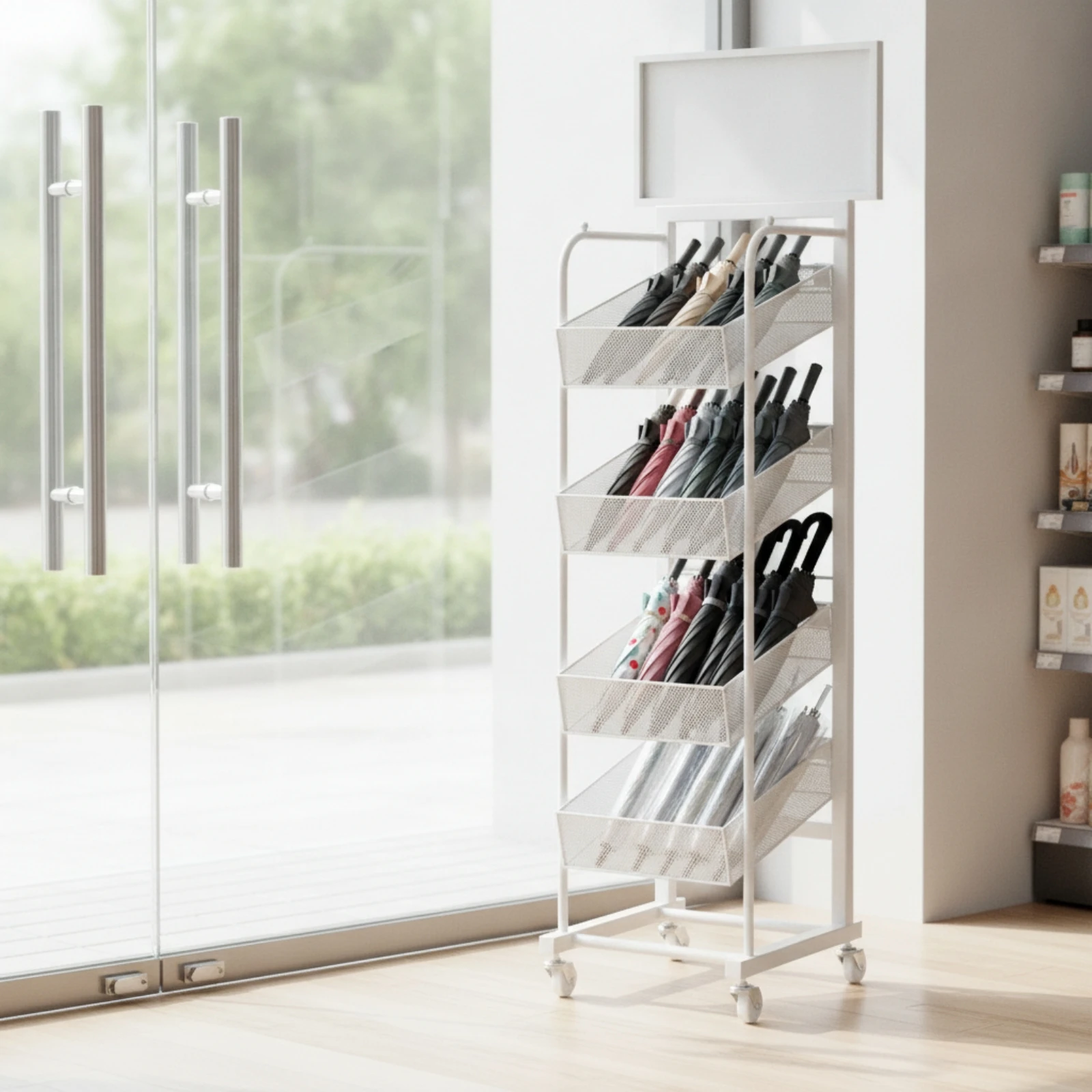 Umbrella Display Rack standaloneStanding Rolling Umbrella Rack Practical Stable for Retailers, Retail Shops, Store Entryways