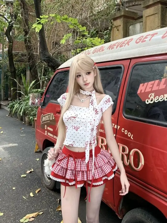 

New Summer Hot Girl Sweet Girly Bow Polka Dot Suspender Top Korean Style Fashionable Plaid Lace Skirt Women's Suit Aesthetic