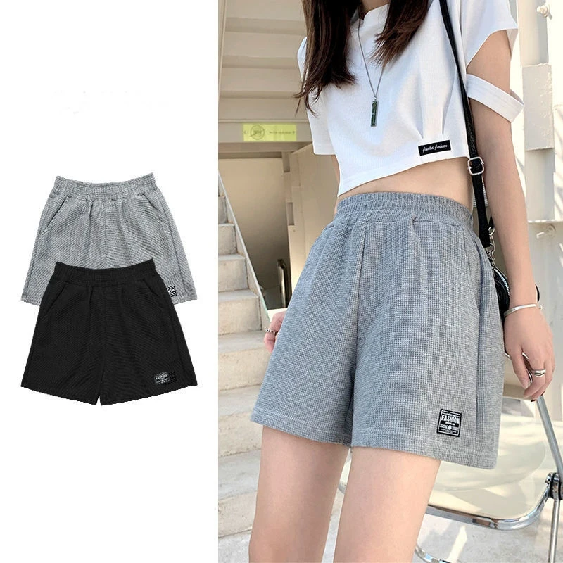 Fashionable Waffle High Waist Elastic Waist Loose Casual Sports Commuter Shorts