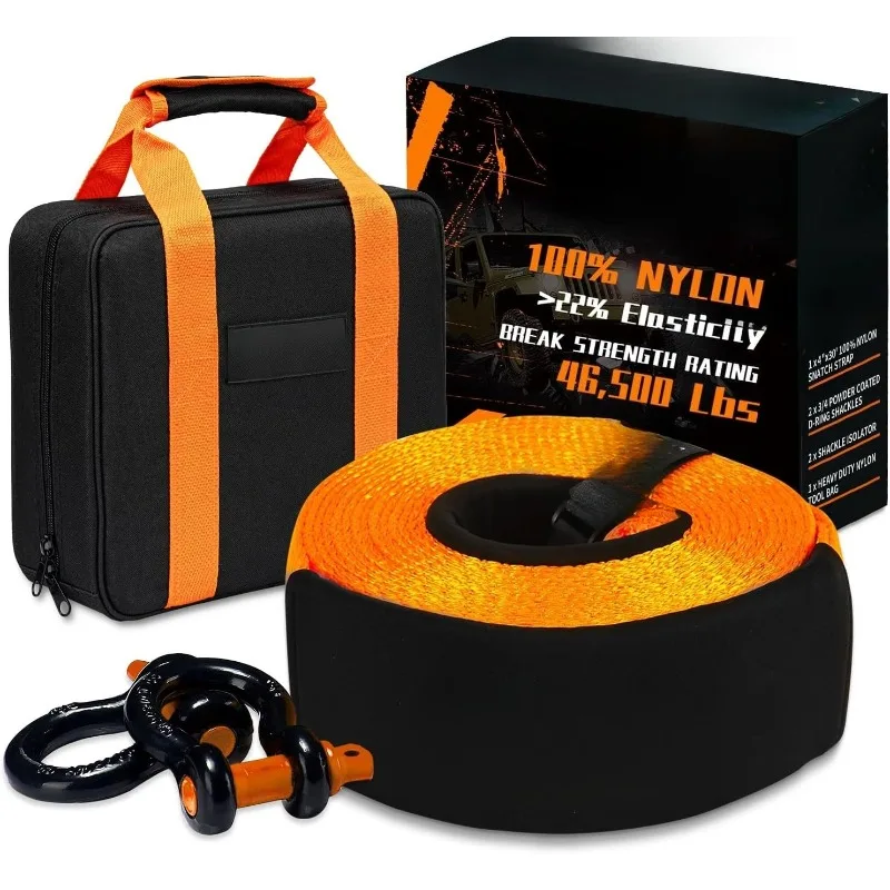 

Extreme Duty Tow Strap Recovery Kit: 4inch x 30ft (46,500lbs) 100% Nylon and 22% Elongation Snatch Strap + 3/4 Heavy Dut