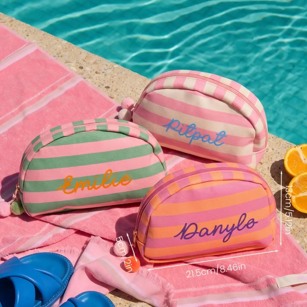 Candy Pastel Stripe Custom Cursive Name Half-Moon Cosmetic Bag Pom Pom Decor Portable Beach Travel Wash Pouch Personalized Gift