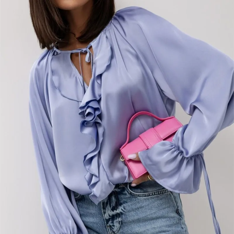 Elegant Temperament Flared Sleeve Blouses Shirts Spring Summer O-neck Lace Up Women RuffleOffice Ladies Loose Long Sleeve Shirt