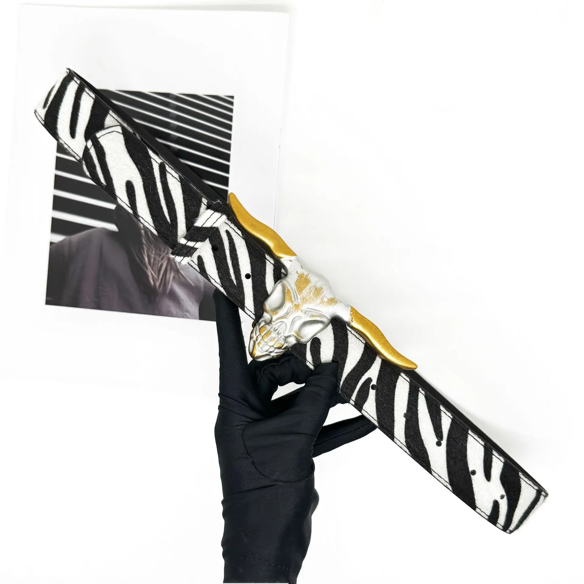 Unisex Zebra Print Waist Belt, Long‑horn Skull Buckle, Cowboy Cowgirl Punk Y2K Hip‑hop Strap, Street Party Accessory for Men