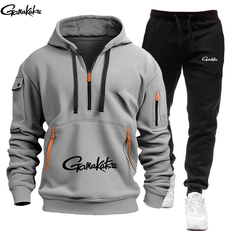 gamakatsu Spring and Autumn Men's Fishing Suit Fitness Sports Hoodie Set New Multi Pocket Hoodie Sports Cycling Two Piece Set