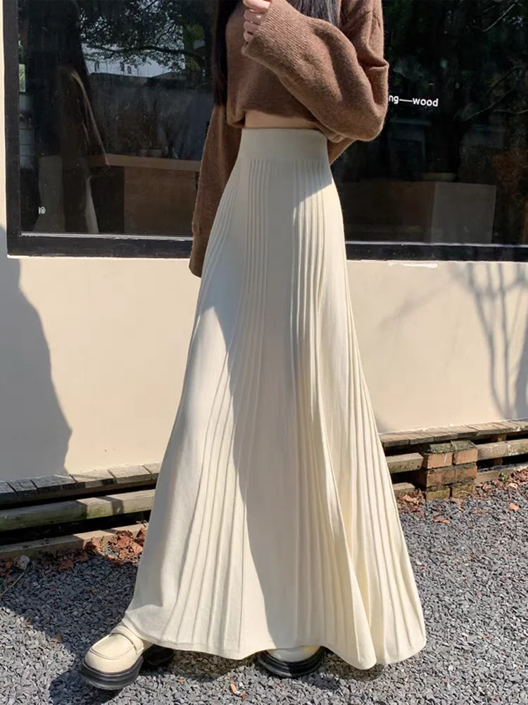 

Новинка 2023 года: женская плиссированная трикотажная юбка-миди: эластичная макси-юбка трапециевидной формы с высокой талией и струящимся подолом на осень/зиму