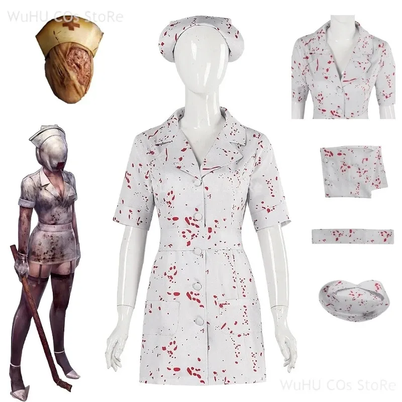 

Movie Silent Hill Nurse Cosplay White Bloodstained Belt Hat Mask Uniform Costume Fancy Halloween Dress Womana;k6;8',