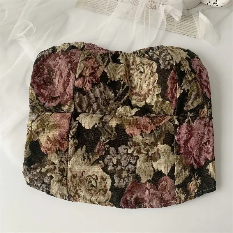 1 Piece Oil Painting Vintage Floral Bustier Tank Top Women with Bra Pads Outwear Beauty Back Wrap Backless Tops