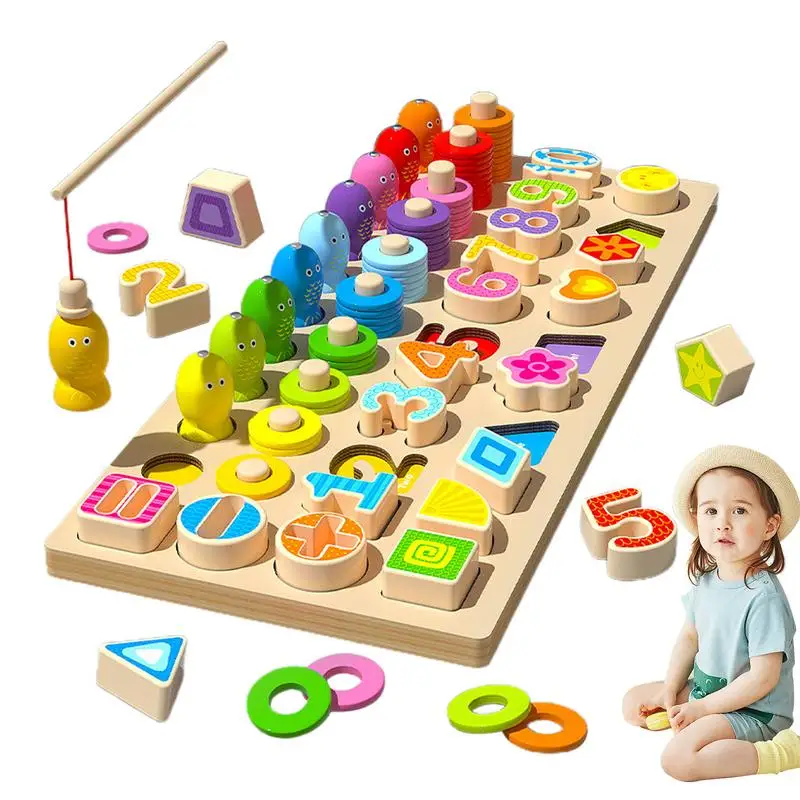 Fishing Game For Kids Magnetic Wood Logarithmic Board Games Fish Rod Toys For Children Early Educational Montessori Learning Toy