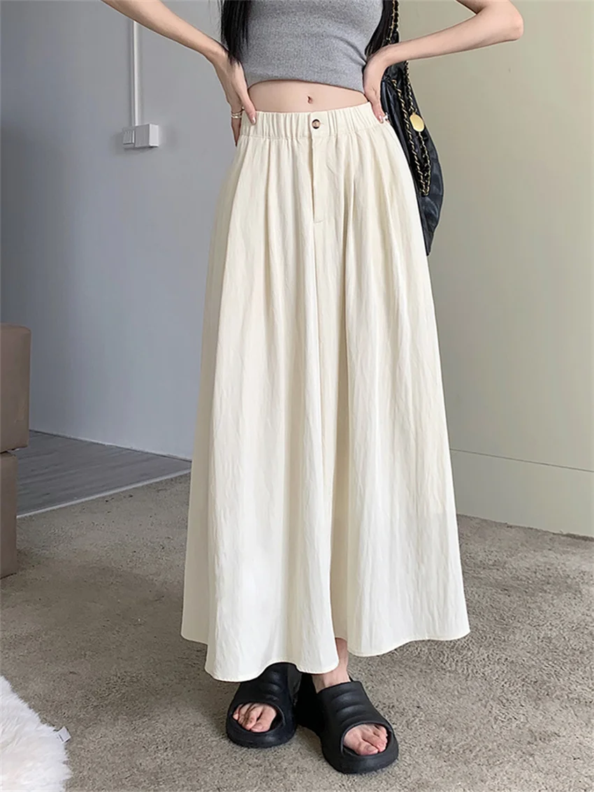 PLAMTEE Chic Pleated Long Skirts Women High Waist Streetwear 2024 Spring Office Lady Fashion Loose Work Wear Daily Minimalist