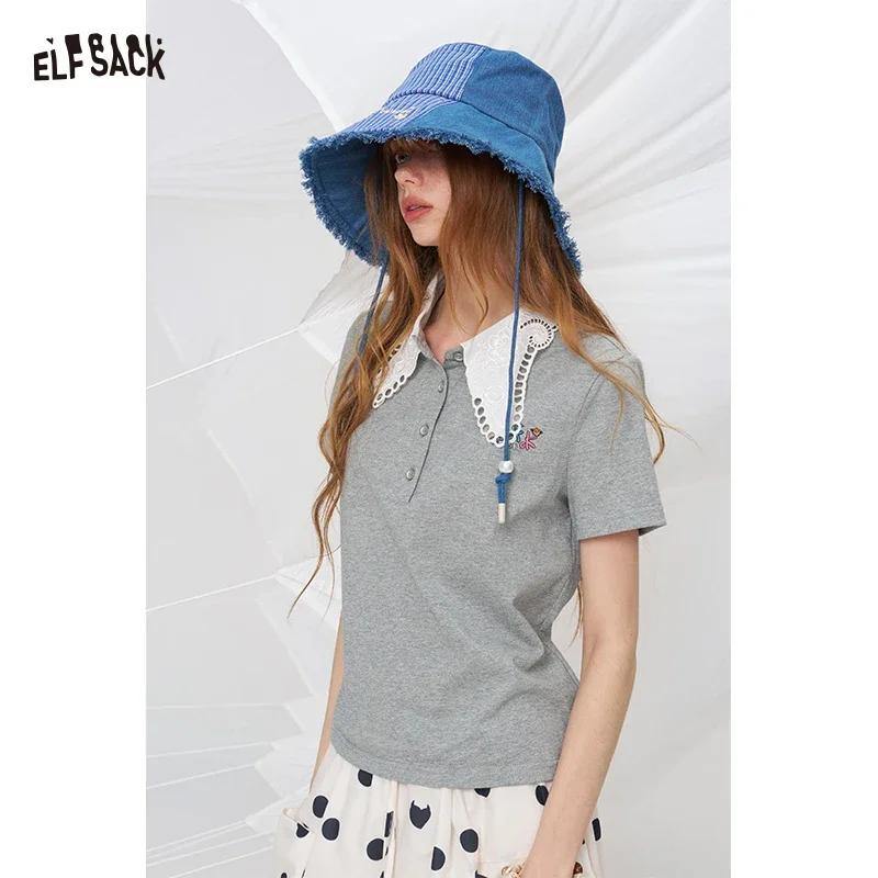 ELFSACK Gray Lace Collar Embroidered Polo Shirt, Contrast Collar  Casual Top, Cute Preppy Style Tee for Women
