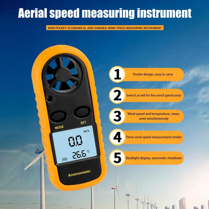 La scala della velocità del vento dell'aria misura accuratamente la velocità e la temperatura del vento Anemometro digitale Anemometro intelligente tascabile
