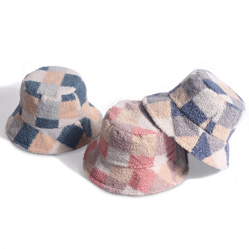 1pc Women Winter Plaid Plush Bucket Hat Color Block Check Fisherman Hat Warm Wide Brim Hat Streetwear Travel Outdoor Casual Cap