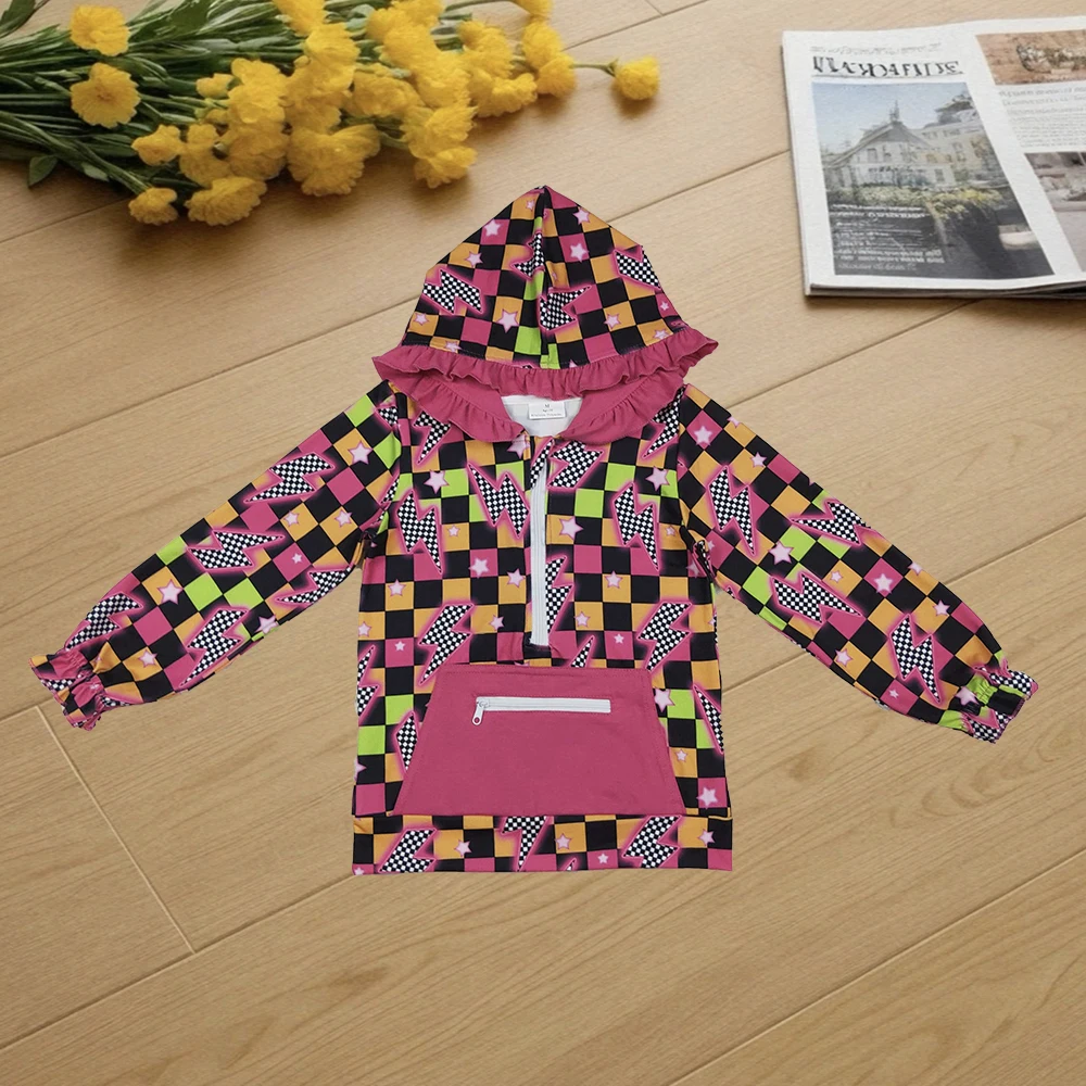 

9.9 Baby Girls Long Sleeve Tops Baby Girls Western Lights Stars Plaid Pockets Zipper Hoodies Tops
