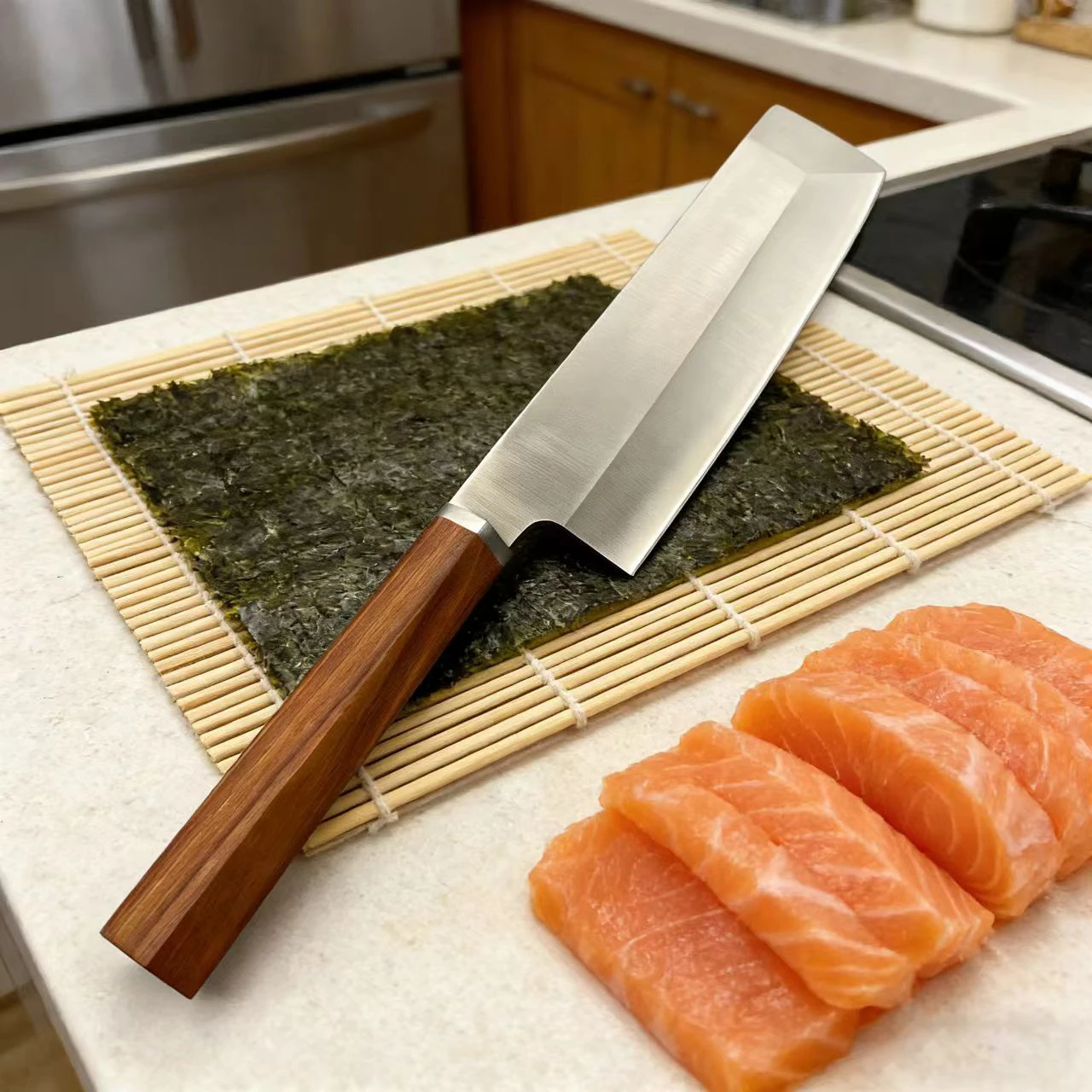 Cuchillo Usuba de 7 pulgadas, hoja de un solo filo, acero inoxidable, mango de madera, cuchillo de chef para rebanar, cuchillo para sushi, cuchillo para sashimi, cuchillos de cocina hechos a mano