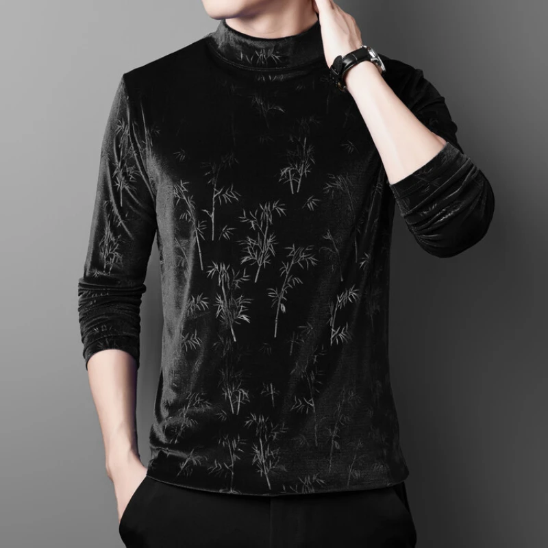 New Long Sleeve Men\'s Autumn/Winter Casual T-shirt Gold Velvet Half High Neck with Thick Velvet Base Top