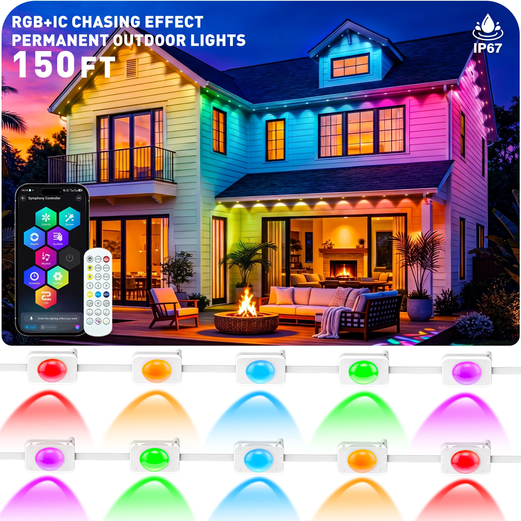 Outdoor Power Strip Weatherproof - Permanente buitenverlichting, 150ft RGBIC waterdichte slimme