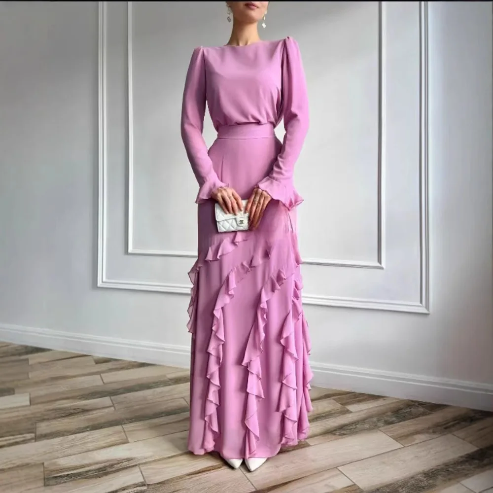 

Wholesale Fashion Muslim Dress New Fashionable French Style Trumpet Sleeves Round Neck Fuflles Women's Ruffled Slim Dress