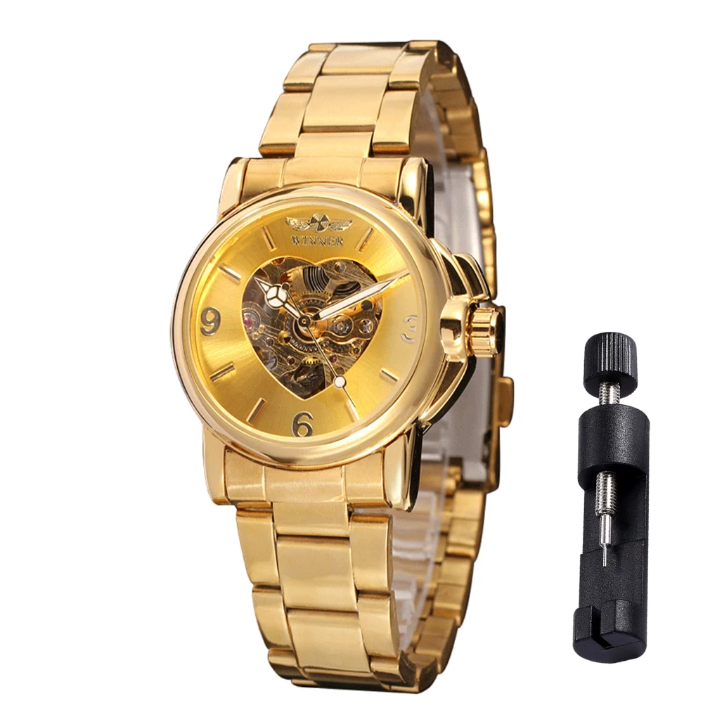 

T-WINNNER элегантные роскошные женские автоматические механические часы со скелетом, светящиеся романтические женские часы из нержавеющей стали в форме сердца