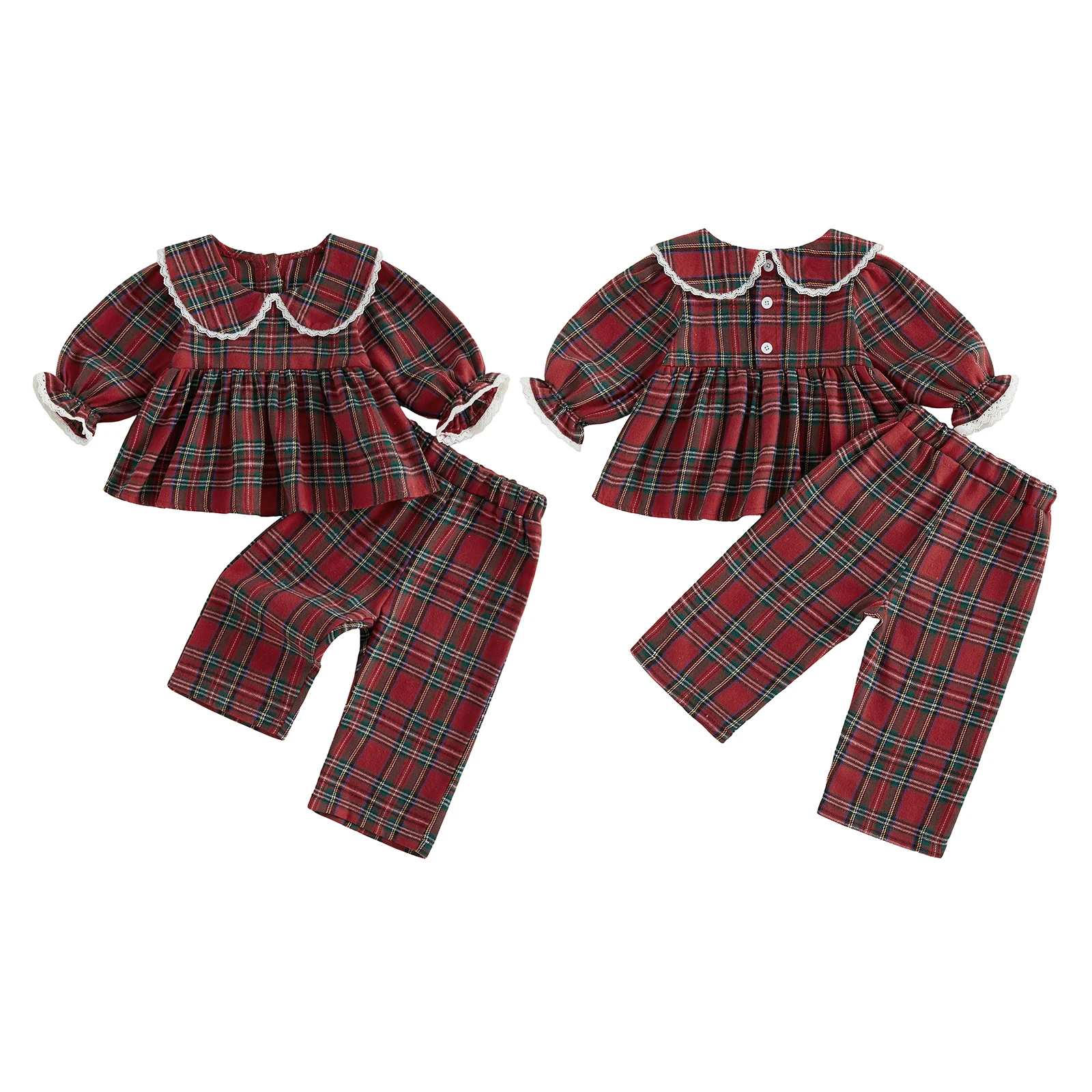 2027 New Years Xmas Toddler Baby Girl Plaid Outfits Casual Lace Trim Doll Collar Long Sleeve Tops with Pants 2 Pcs Baby's Sets