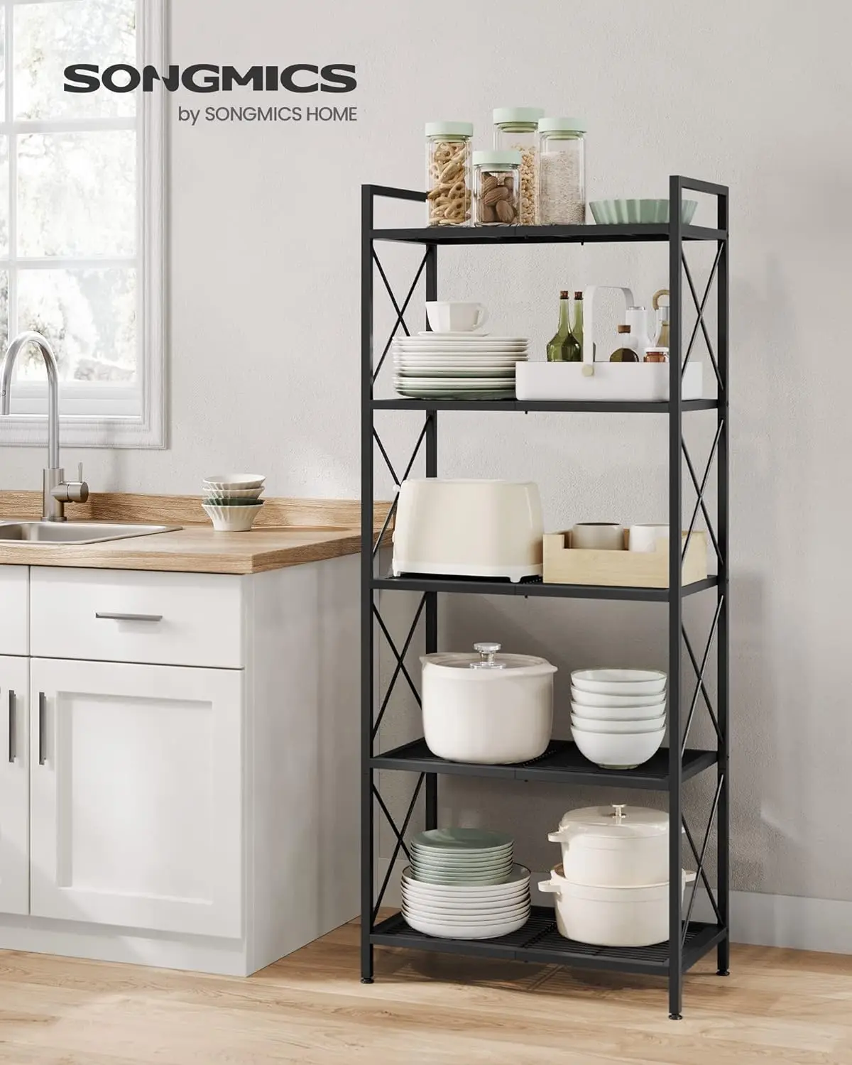 

5-Tier Metal Storage Rack, Shelving Unit with X Side Frames, Dense Mesh, 12.6 x 23.6 x 57.3 Inches, for Entryway, Kitchen,