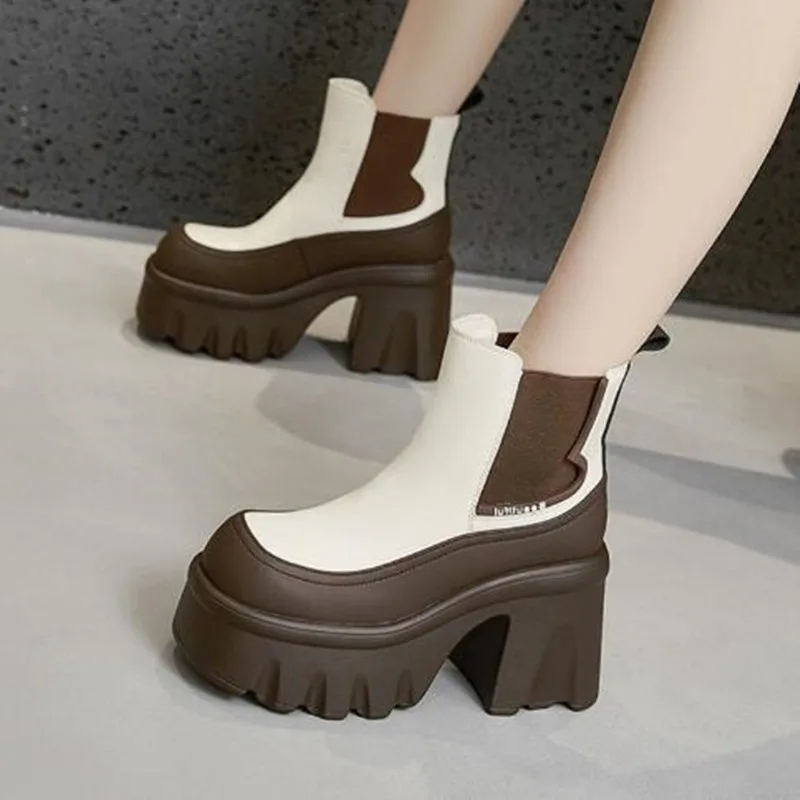 2026 Fashion British Style Ankle Boots Women Autumn Winter Non Slip Leather Short Boots Platform Chunky Booties 10CM High Heels