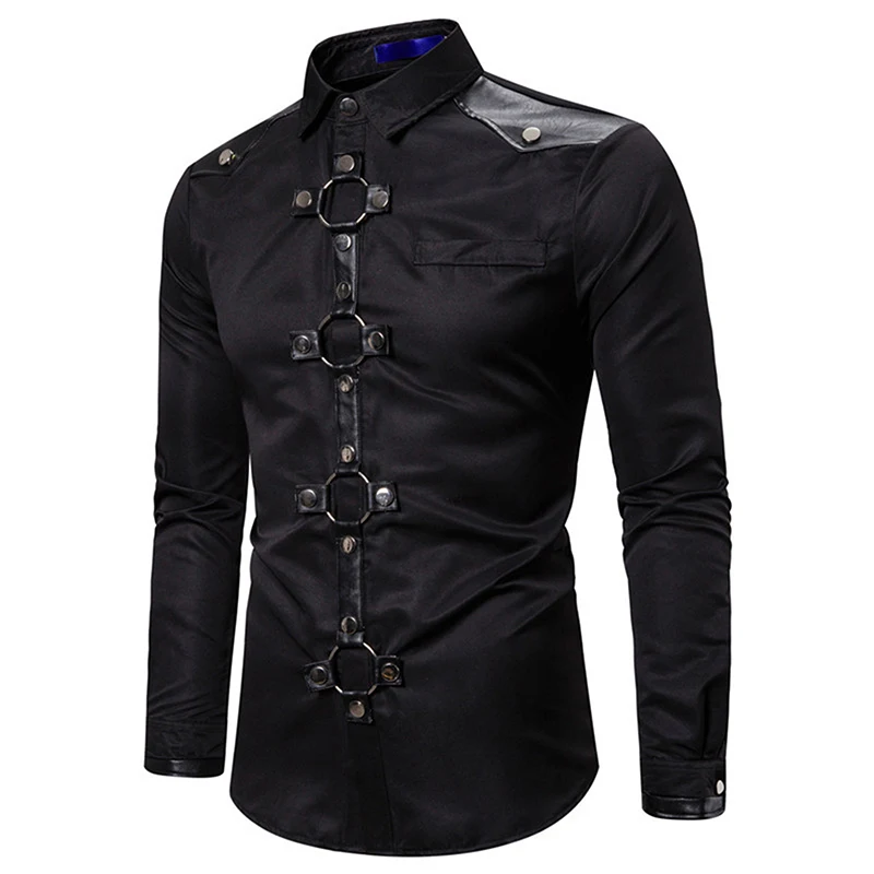 Camisa de estilo gótico para hombre, ajuste regular, anillo, remache, cuello de solapa, camisetas de manga larga para fiesta, club, escenario