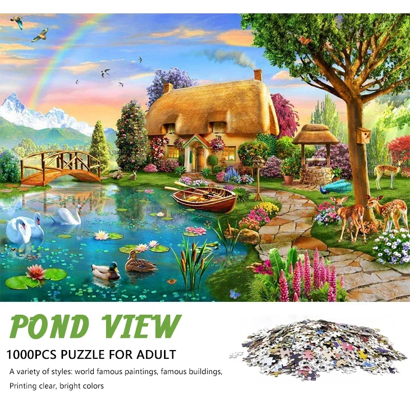 

High Quality 70cm*50cm 1000pcs the Pond View Jigsaw Puzzle Adult Stress Relief Beautiful Landscape Painting Puzzle Wall Decor