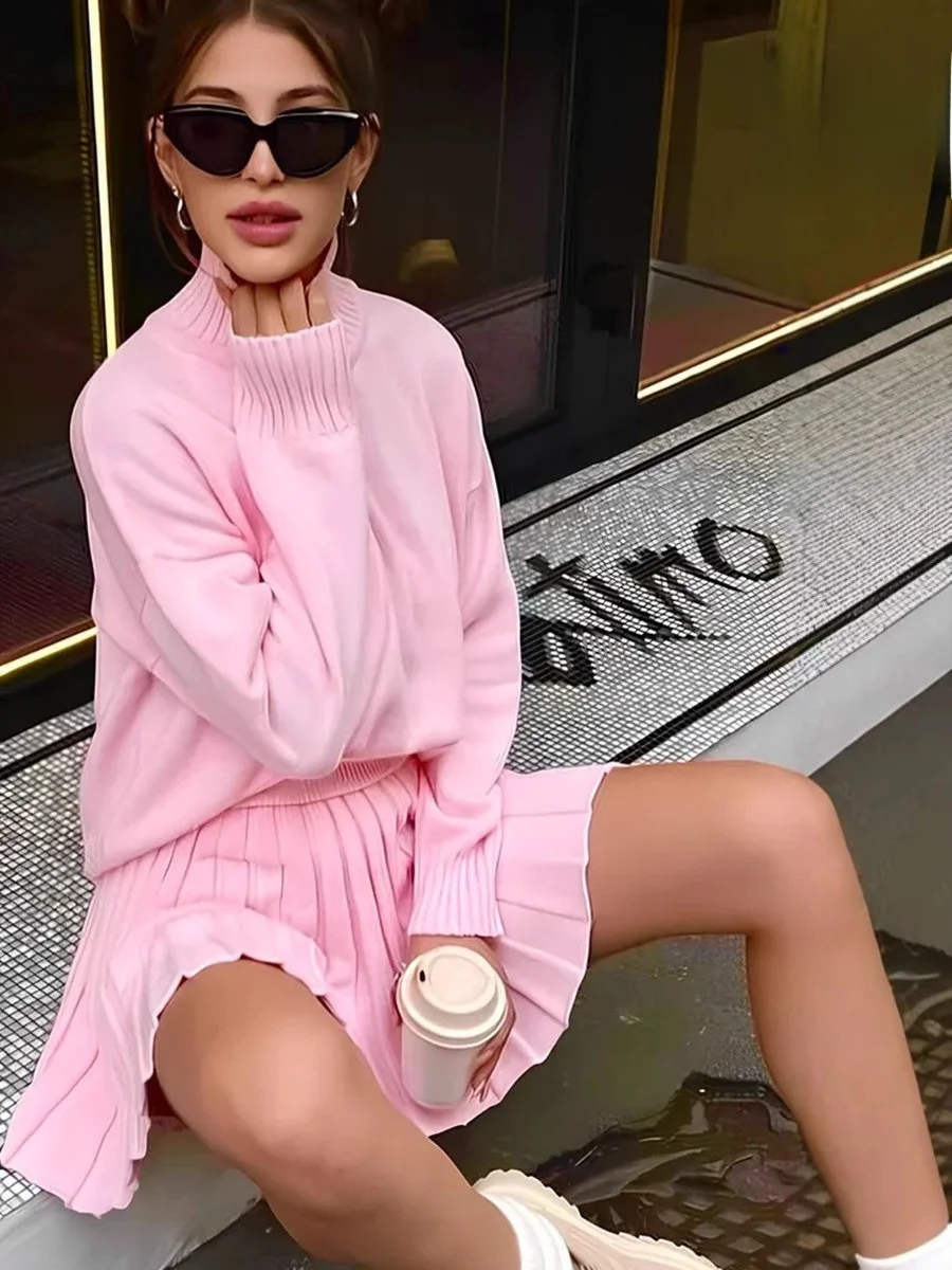 

Женский вязаный свитер и комплект с плиссированной юбкой, прямые брюки с низкой посадкой, ткань ПВХ, материал ПУ, пэчворк