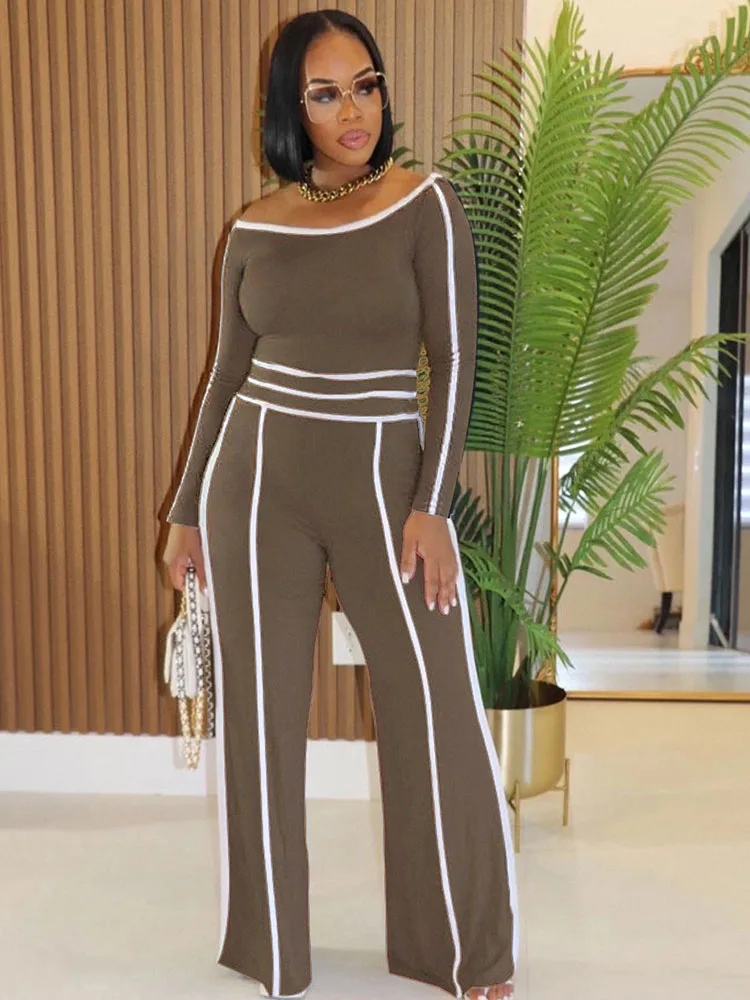 

Solid Striped Casual Two Piece Set Women Clothing Long Sleeve Slash Neck Crop Top and Wide Leg Pants Matching Sets Sporty Outfit