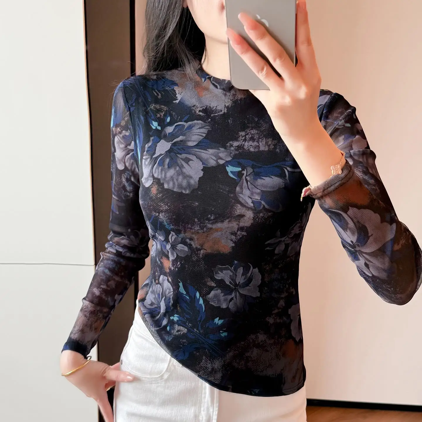 High Collar Me Printed Long Sve Base irt Women's Faionable Slim Fit Inner Wear T-irt Small irt Autumn Winter