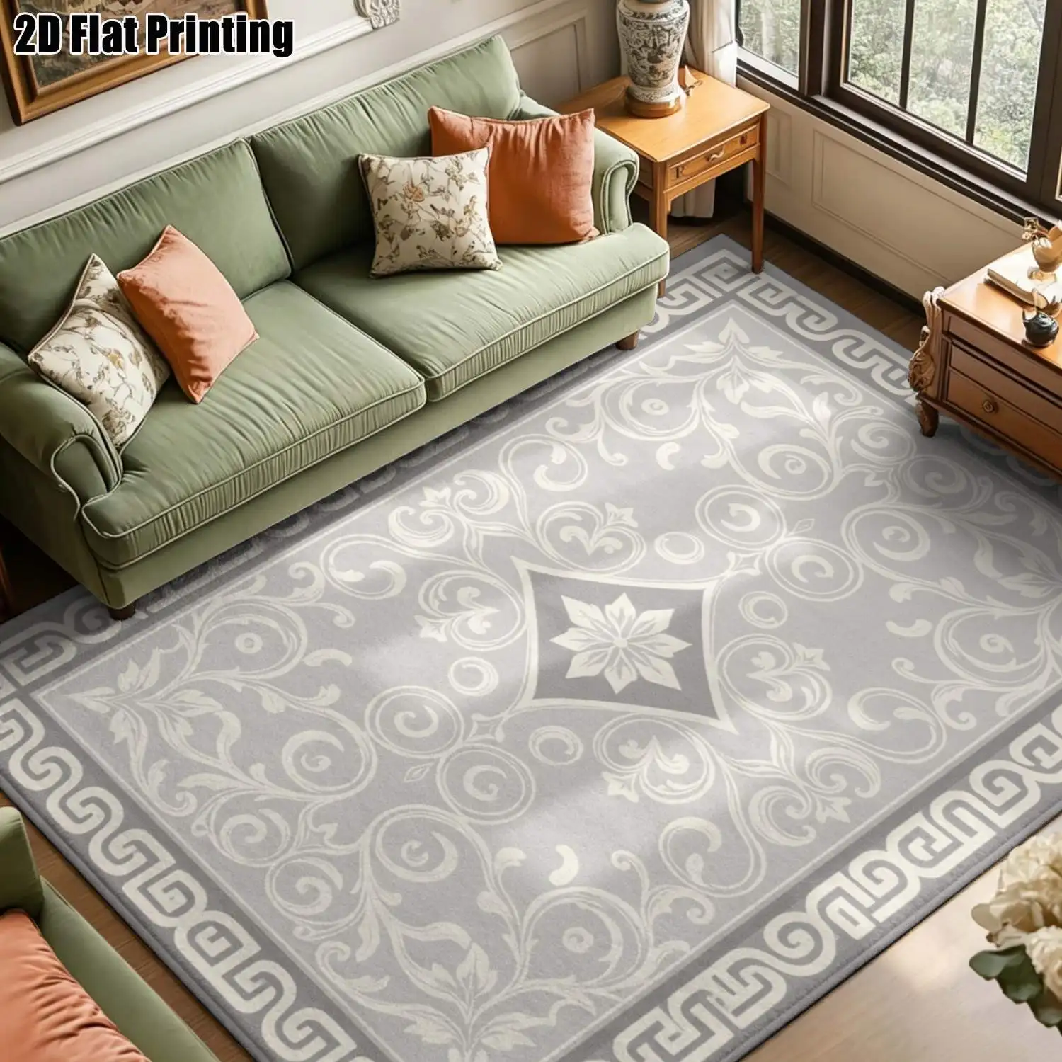 1Pc 2D Printed Gray Vine Leaf Carved Carpet: European/Minimalist/Retro Style, Multi-Size, Machine Washable, Home Decor Mat for Entrance, Dining, Foyer, Study, Living Room, Bedroom