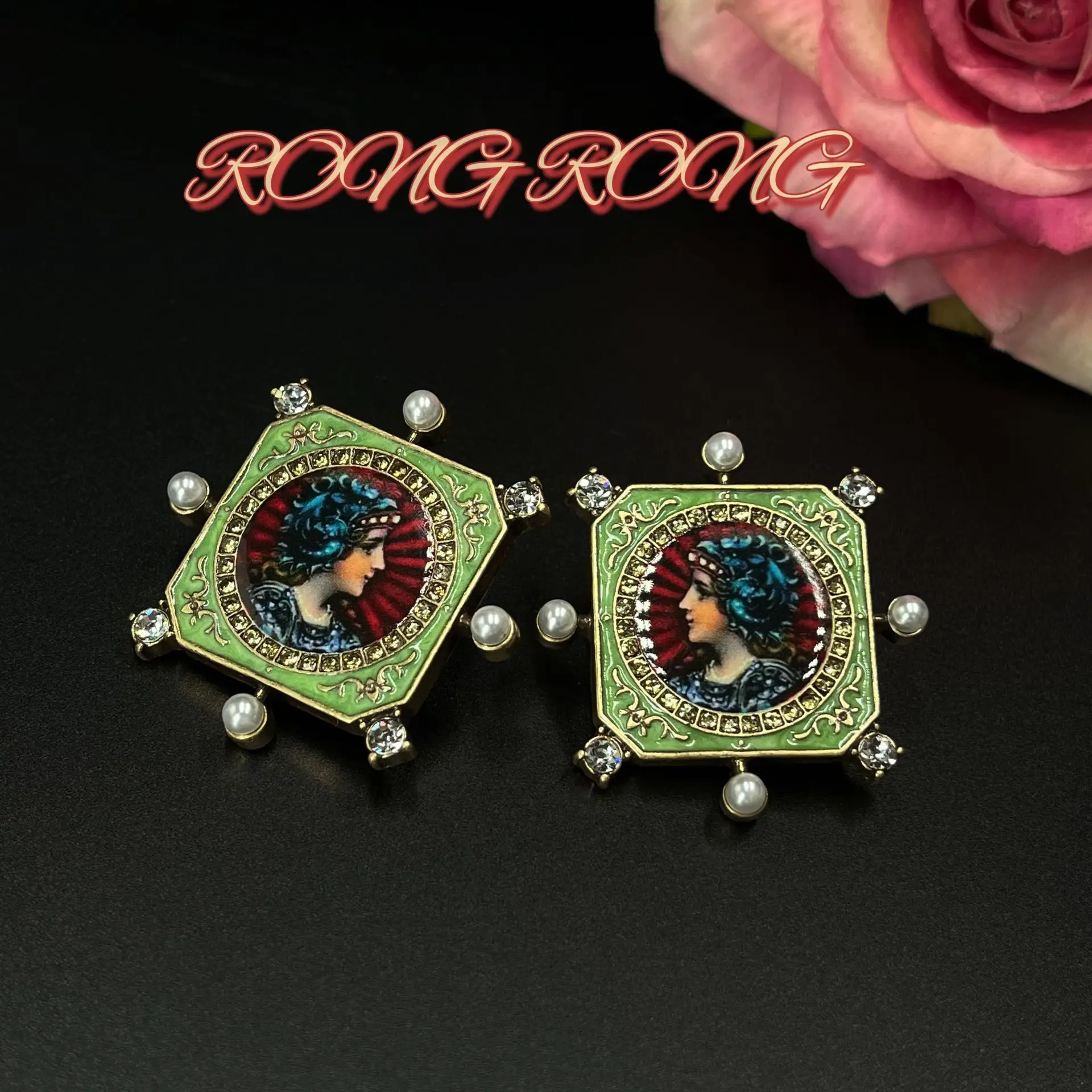 

European and American Retro Geometric Square European Court Portrait Diamond Earrings Western Style Antique Medieval Earrings
