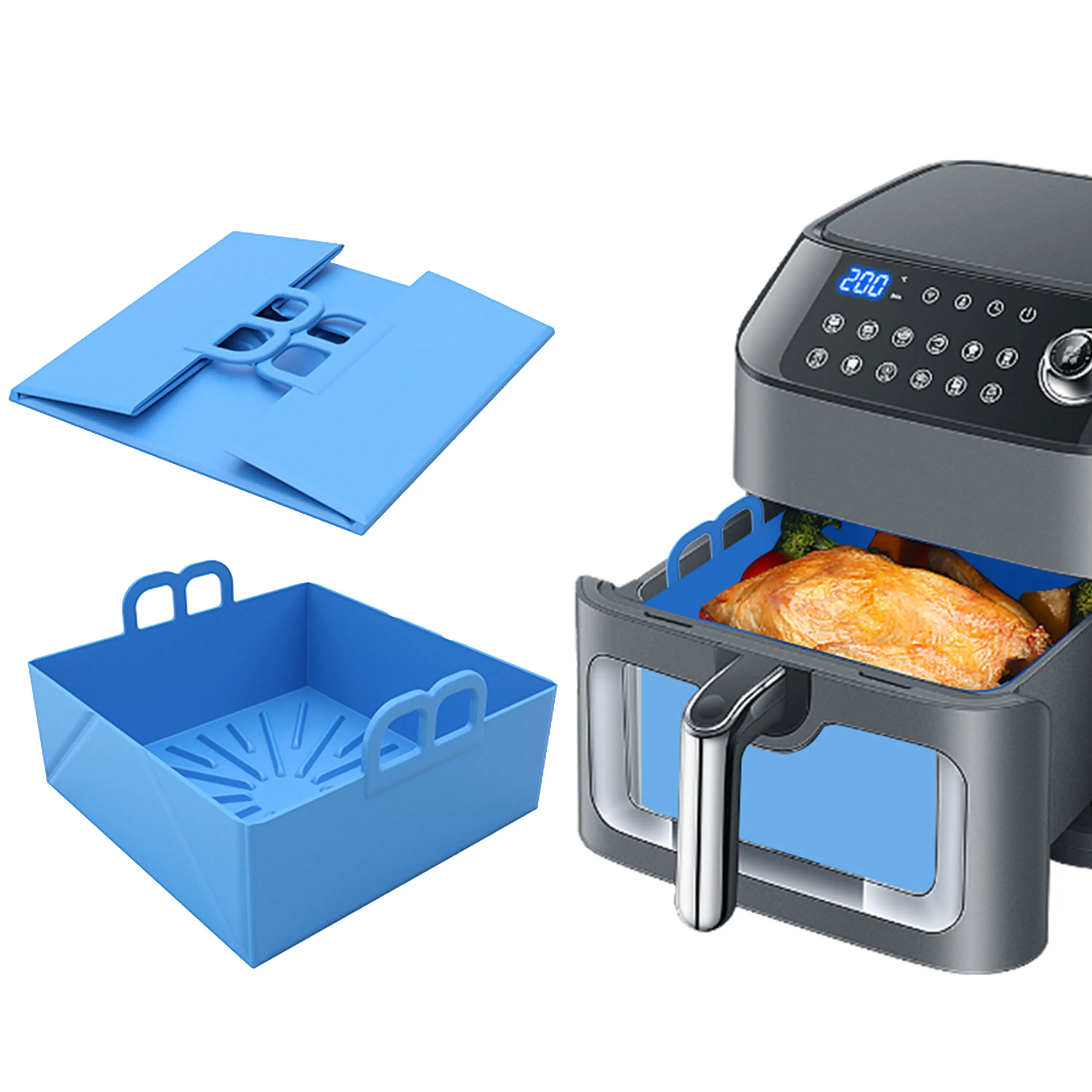 Folding Air Fryer Silicone Tray Dish Basket Reusable Baking Pan Oven Pot Plate Liner Mould Compatible with Most 8.5'' Air Fryer