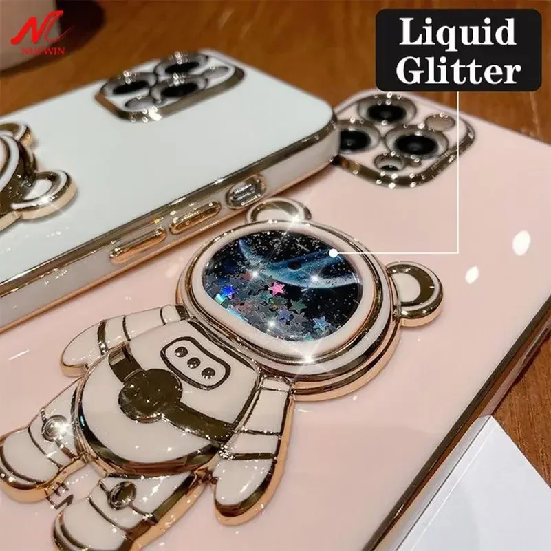 Liquid Quicksand Glitter Luxury Case for iPhone 16 Pro Max 15 14 16 Pro Max 11 12 13 Pro 15 16 Plus Astronaut Stand Holder Cover