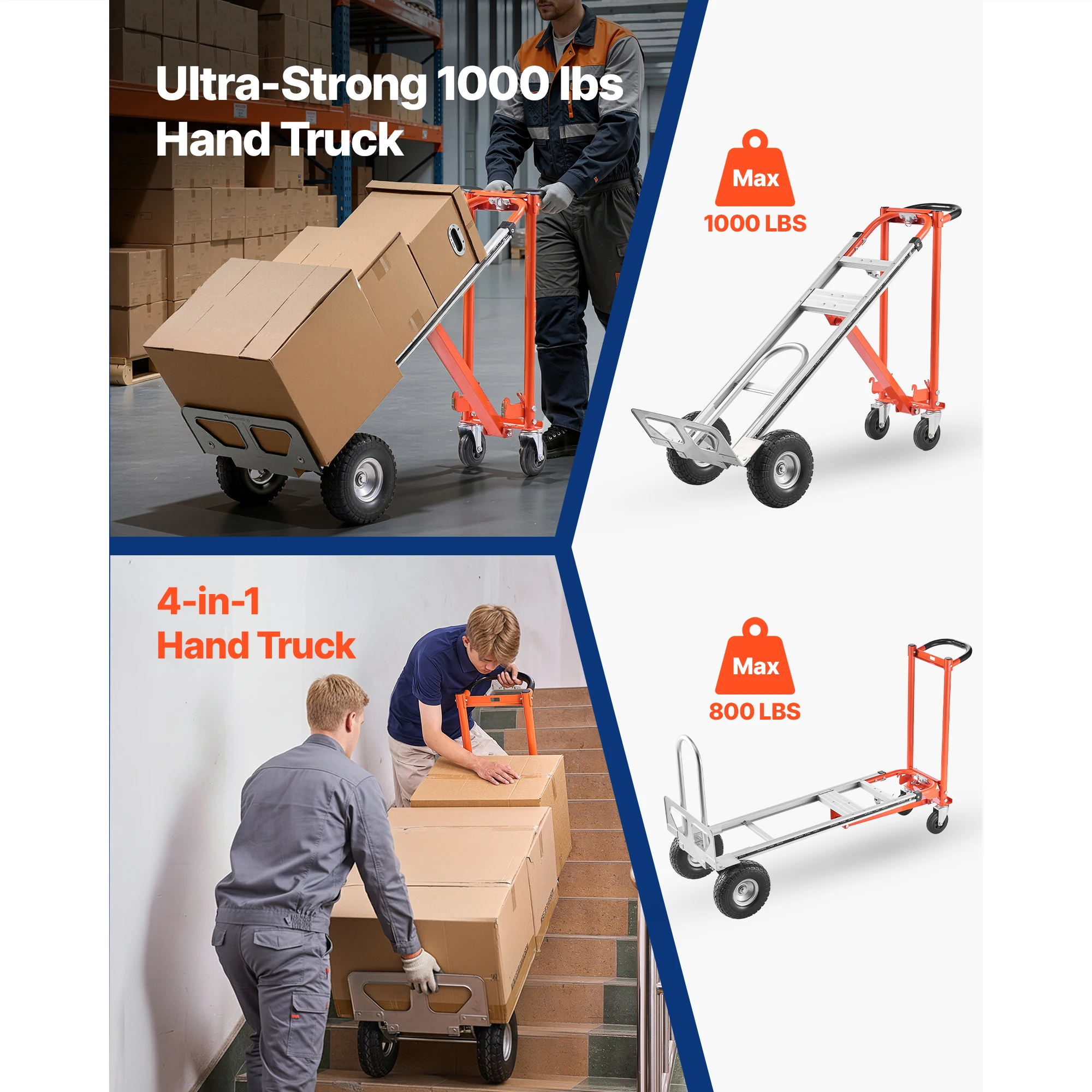 SucceBuy 1000 lbs 4 in 1 Hand Truck Convertible Dolly with Non-Slip Handle Aluminum Alloy Portable Trolley for Moving Home