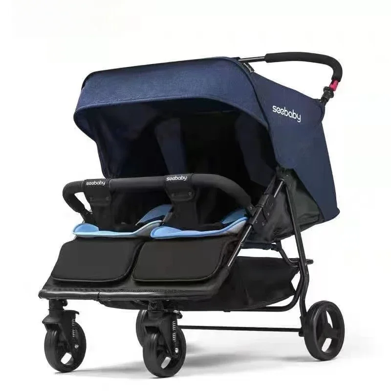 

Double Twin Baby Stroller - 4-Wheel Suspension System Dual Reclining Bassinets Foldable Lightweight Pushchair for Newborns