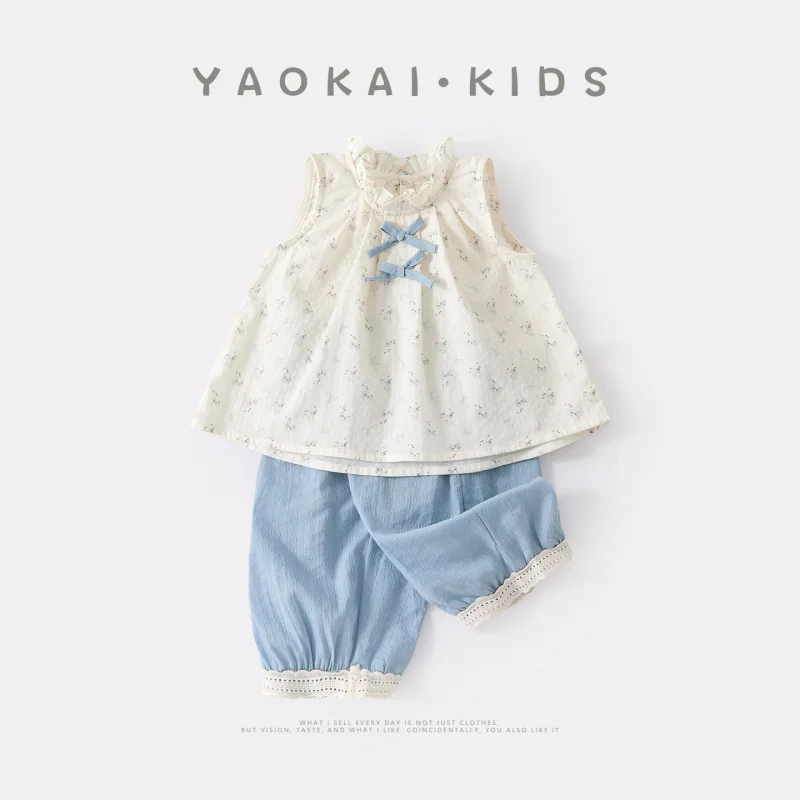 

Summer Infant Floral Top Set for Baby Girls, Stylish and Versatile Bowknot Vest and Pants Two-Piece Set