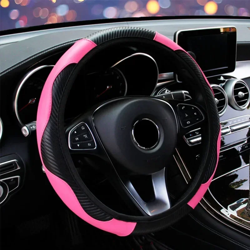 Car 37-38.5cm Steering Wheel Cover Breathable Anti Slip PU Leather Steering Covers Suitable Auto Decoration Carbon Fiber