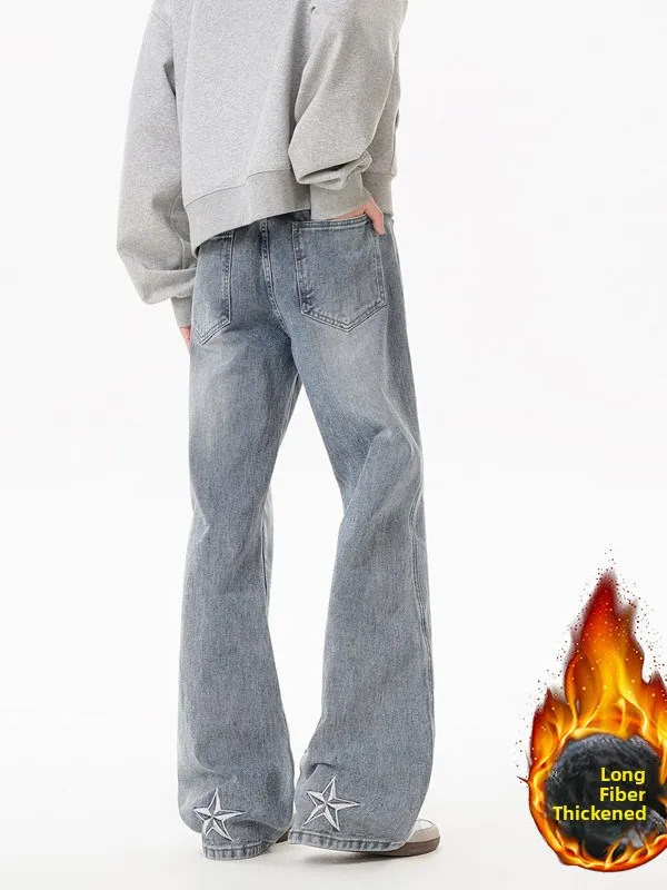 

American Sle High Street k Embroidered Slim Fit Flared Fce Lined Jeans Casual Versatile for Men And Women