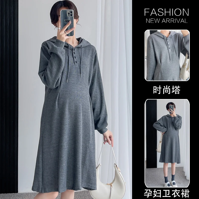 895# 2023 New Arrival Autumn Winter Casual Solid Maternity Hoodies Dress Loose Straight Clothes for Pregnant Women Pregnancy