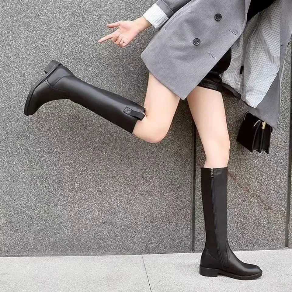 Leather Round Toe Middle Heel Women's Long Boots Goth Demi-season Boot Sale 2025 New Ladies Knee High Shaft Shoes on Promotion
