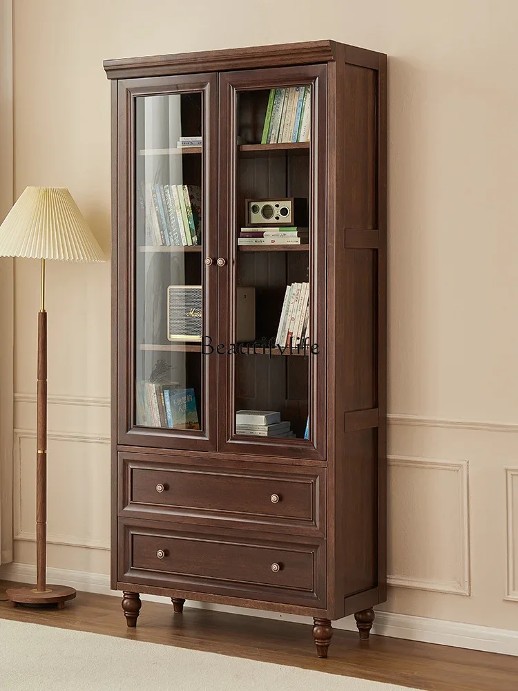 

yj5 American-style Solid Wood Two-door Bookcase with Glass Doors for Home Use Floor-standing Bookshelf