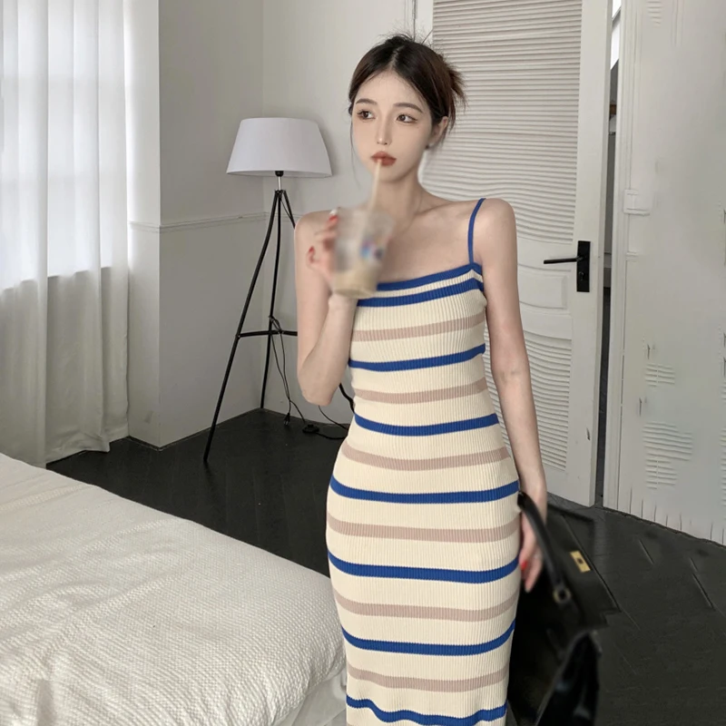 Sexy Suspender Dress Stripes Knitted Mid Length skirt Sleeveless Dress Women's Dress Buttocks Up Waist Up Temperament