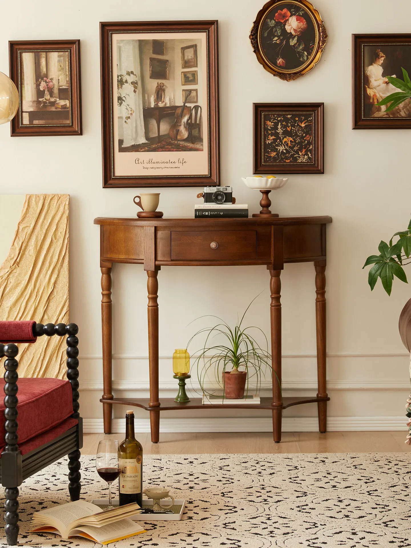 Solid wood entrance cabinet, living room partition storage table corridor, wall semi-round entrance table